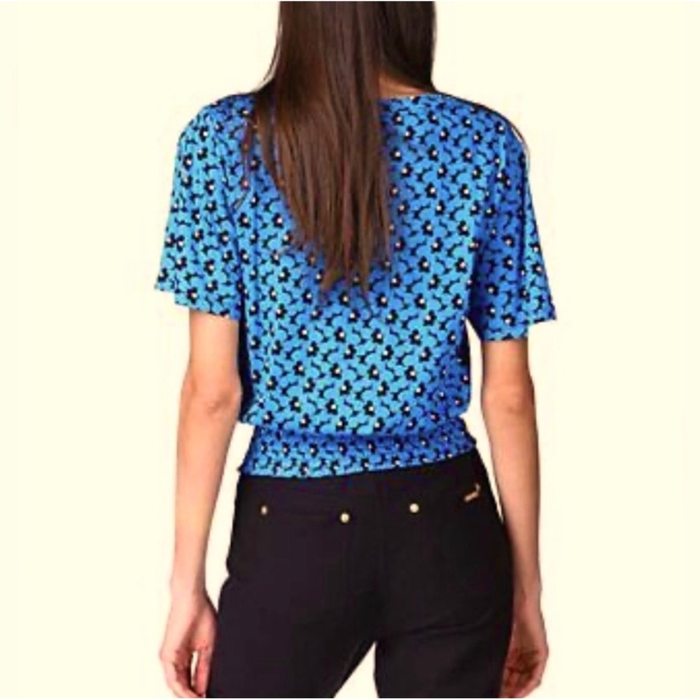Michael Michael Kors Blue Floral Smocked Waist V-Neck Flutter Sleeve Blouse L